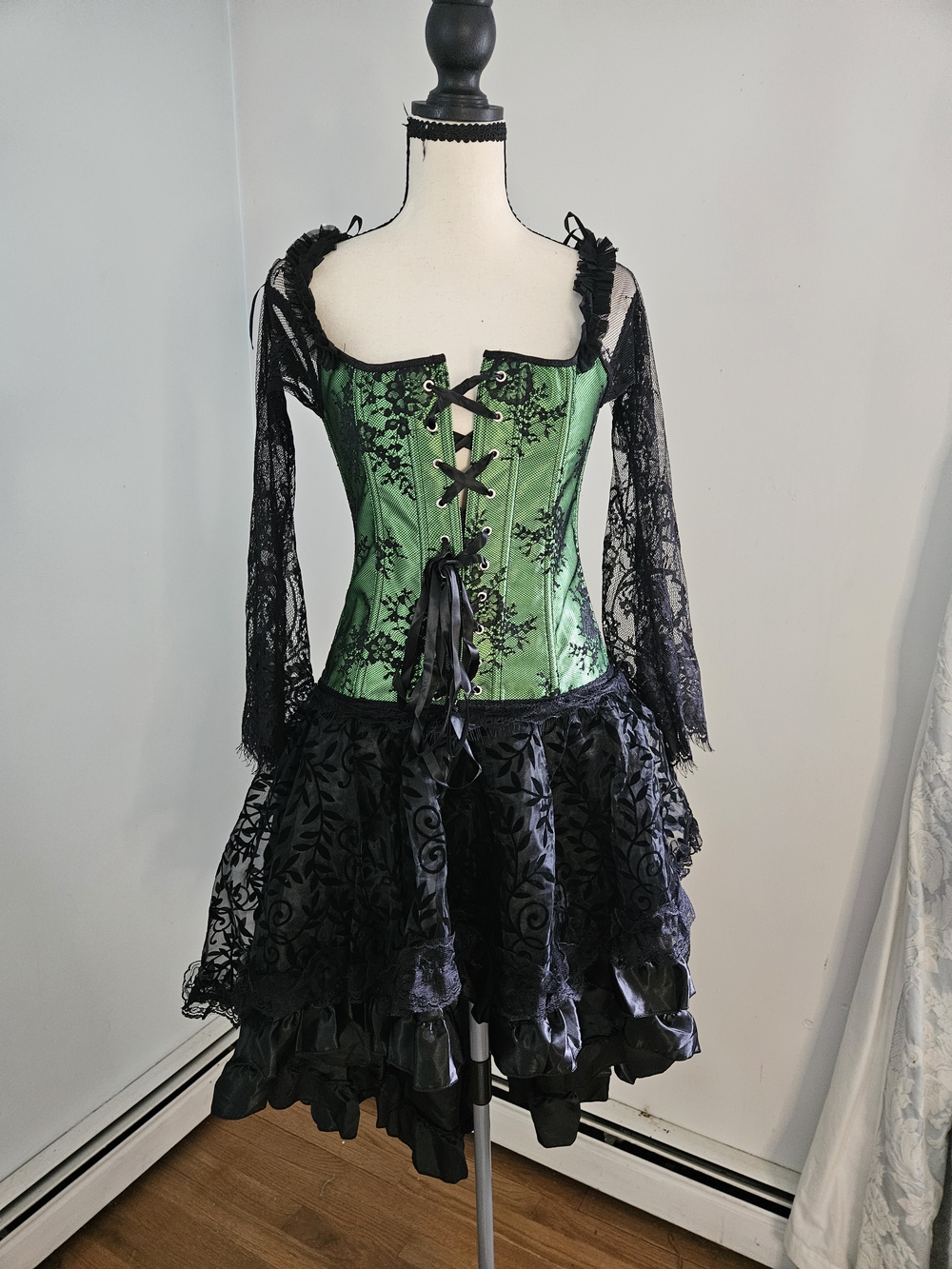 Green Lace-Up Corset Dress with Black Lace Skirt. Halloween Costume, Witch